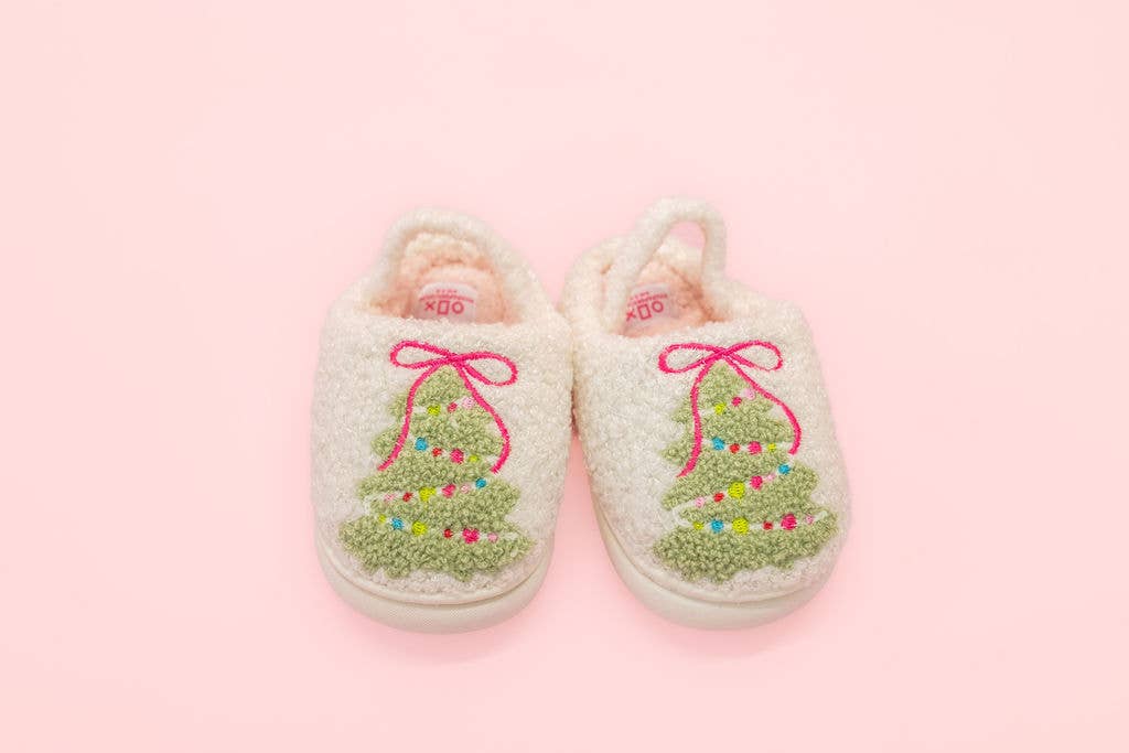 Pink Bow Christmas Tree Slippers - Toddler & Kids
