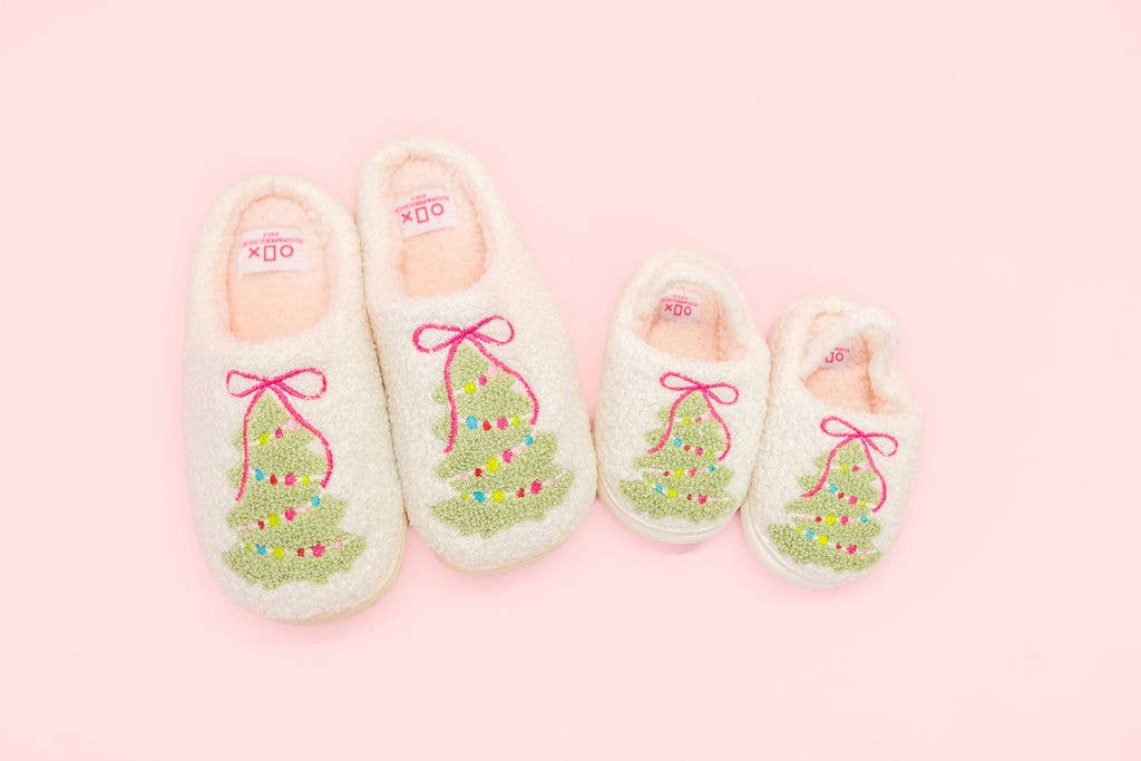 Pink Bow Christmas Tree Slippers - Toddler & Kids