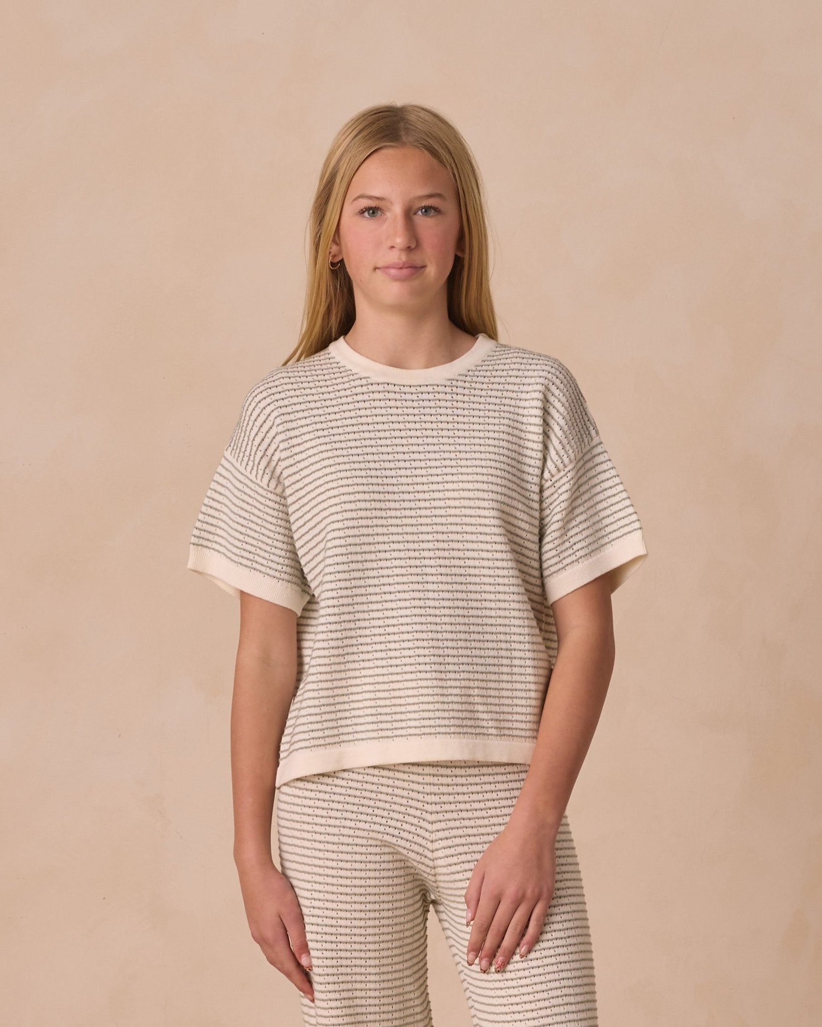 Boxy Crop Knit Tee in sage stripe - Après NJ