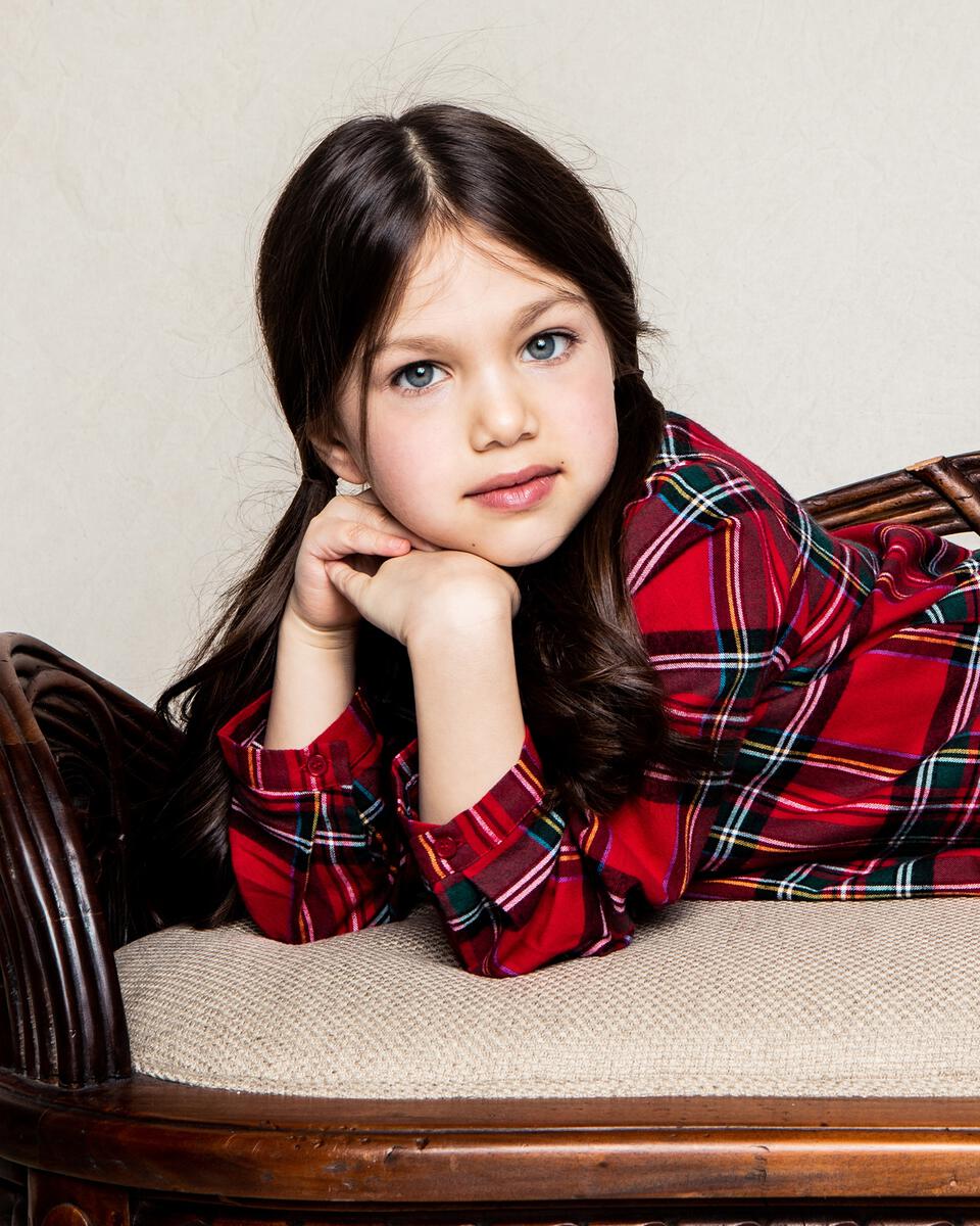 Girl in Imperial tartan nightgown