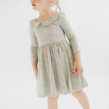 Watercolor Floral 3/4 Sleeve Collared Twirl Dress