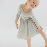 Watercolor Floral 3/4 Sleeve Collared Twirl Dress