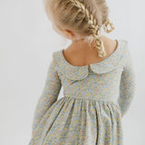 Watercolor Floral 3/4 Sleeve Collared Twirl Dress