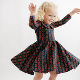 Navy Floral 3/4 Sleeve Collared Twirl Dress