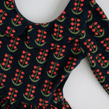 Navy Floral 3/4 Sleeve Collared Twirl Dress