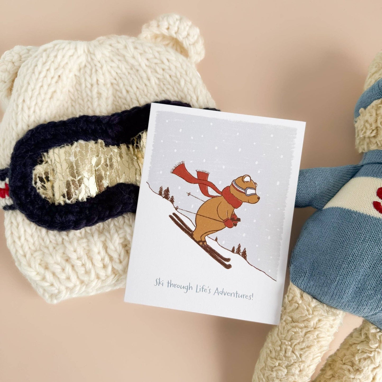 ski bear card with hat and bear background