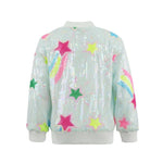 Sequined jacket with colorful star patterns on a white background