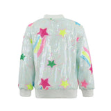 Sequined jacket with colorful star patterns on a white background