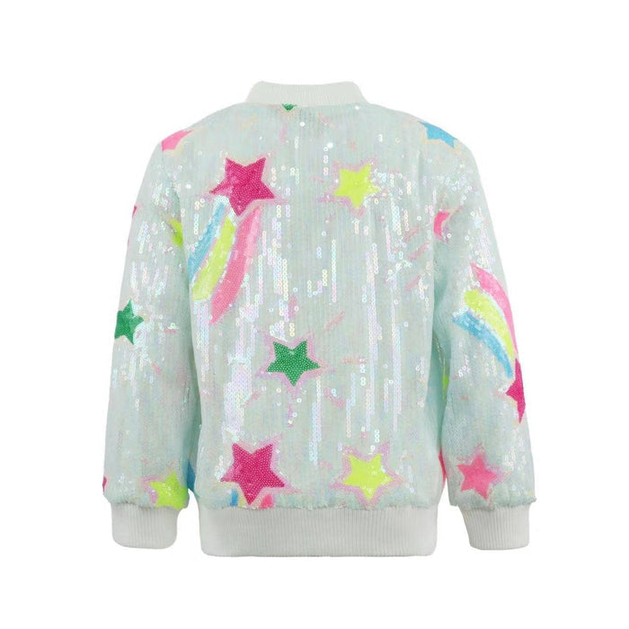 Sequined jacket with colorful star patterns on a white background
