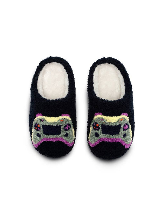 black slippers with game controller