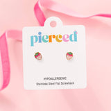 Strawberry-shaped earrings on a 'pierceed' branded card with pink background