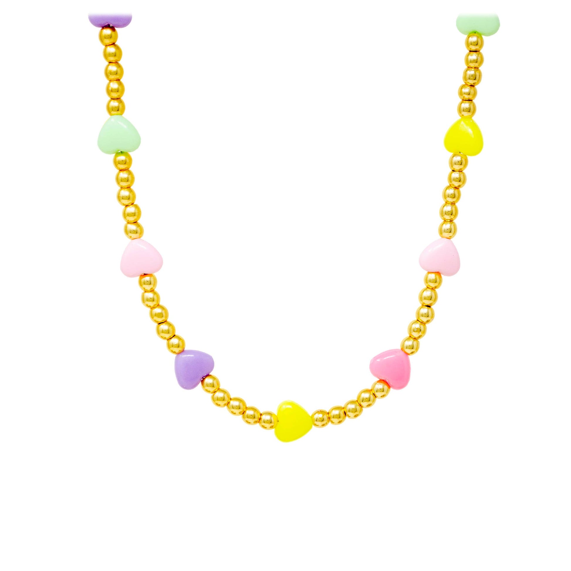 gold beaded necklace with pastel hearts