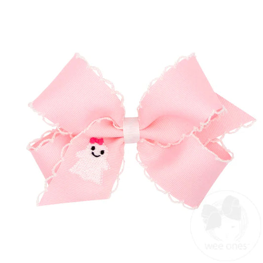 Pink Ghost Bow with White Moonstitch Edge