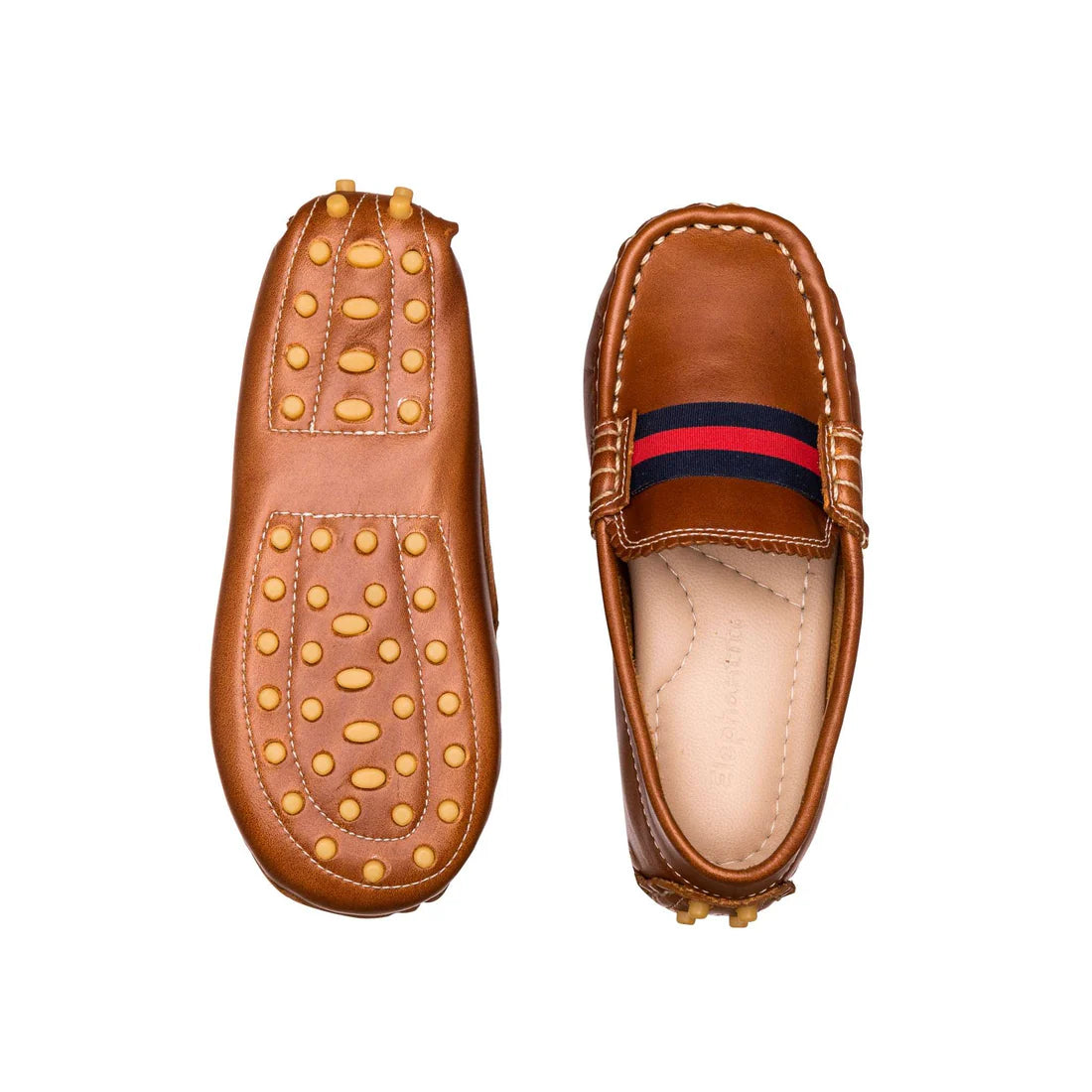 Brown club loafer with navy and red striped ribbon