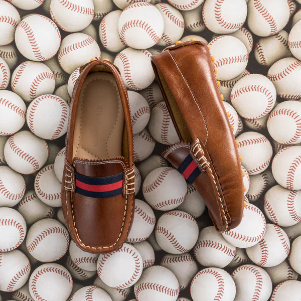 Brown club loafer with navy and red striped ribbon