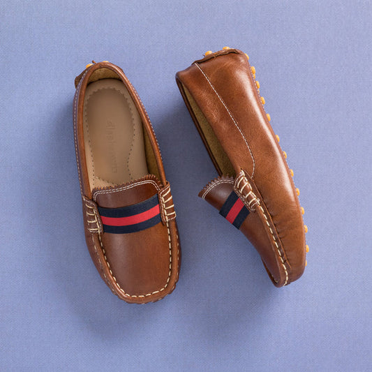 Brown club loafer with navy and red striped ribbon