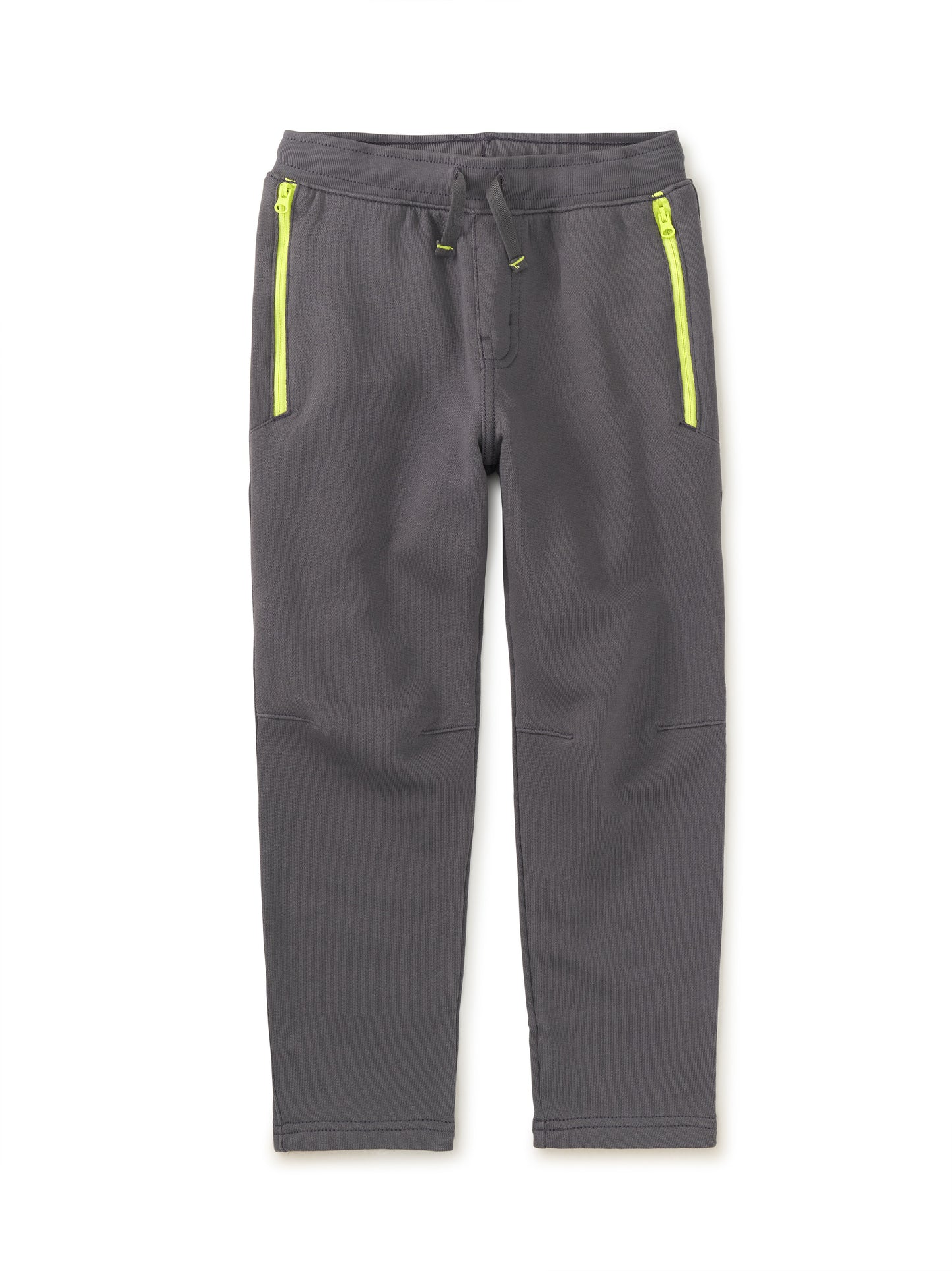 gray jogger pants with neon yellow pocket zippers