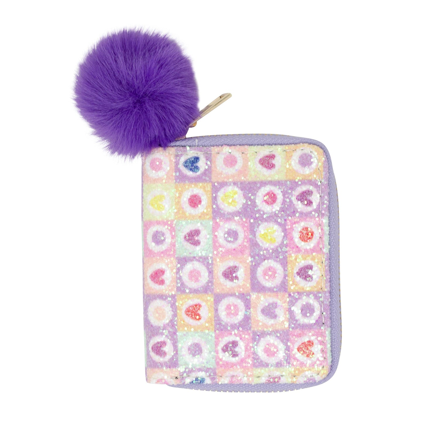 glitter hearts wallet with purple pom pom