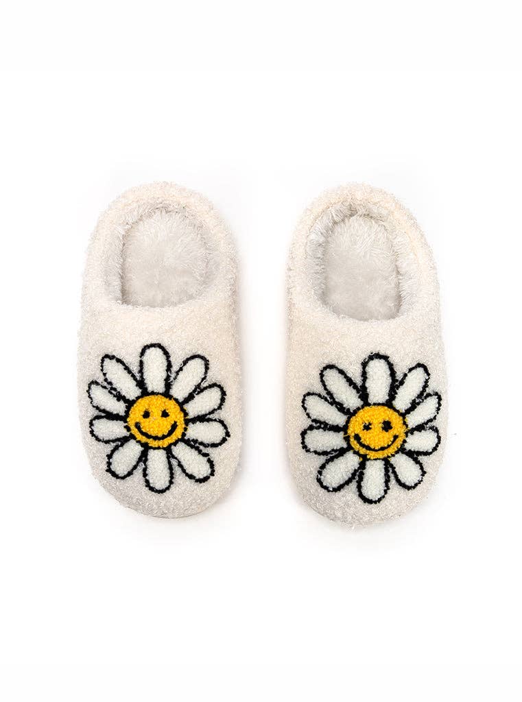 Slippers with white daisies with yellow smiley face center