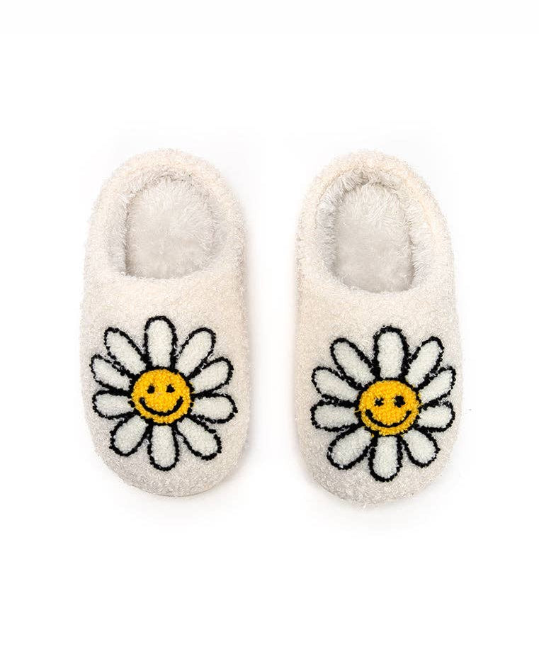 Slippers with white daisies with yellow smiley face center