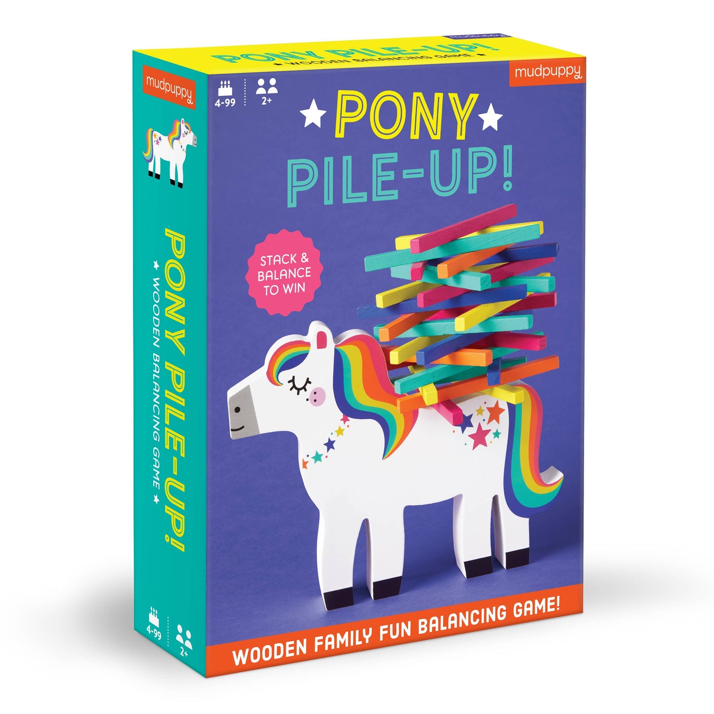 pony with rainbow mane with colorful sticks stacked on back