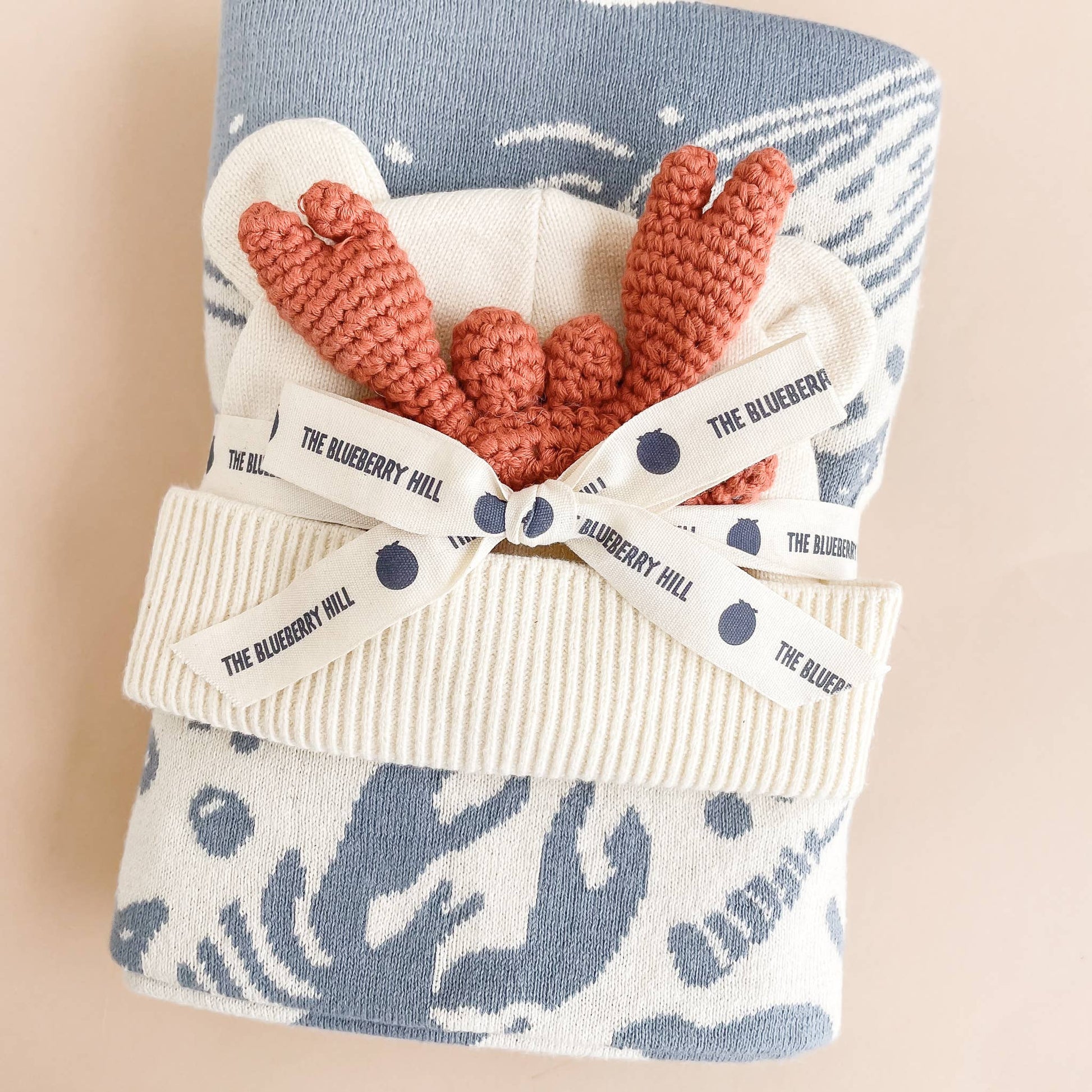 nautical blanket, cotton white hat and crab teether gift set