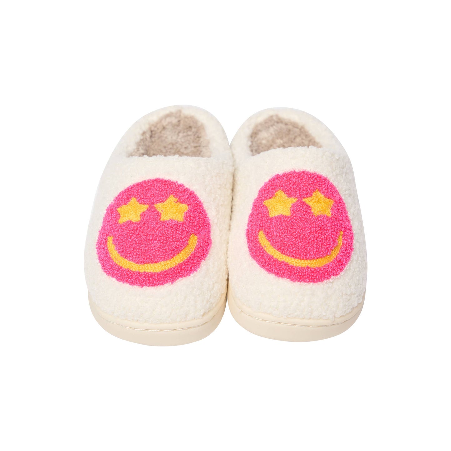 white slippers with pink smileys with yellow star eyes