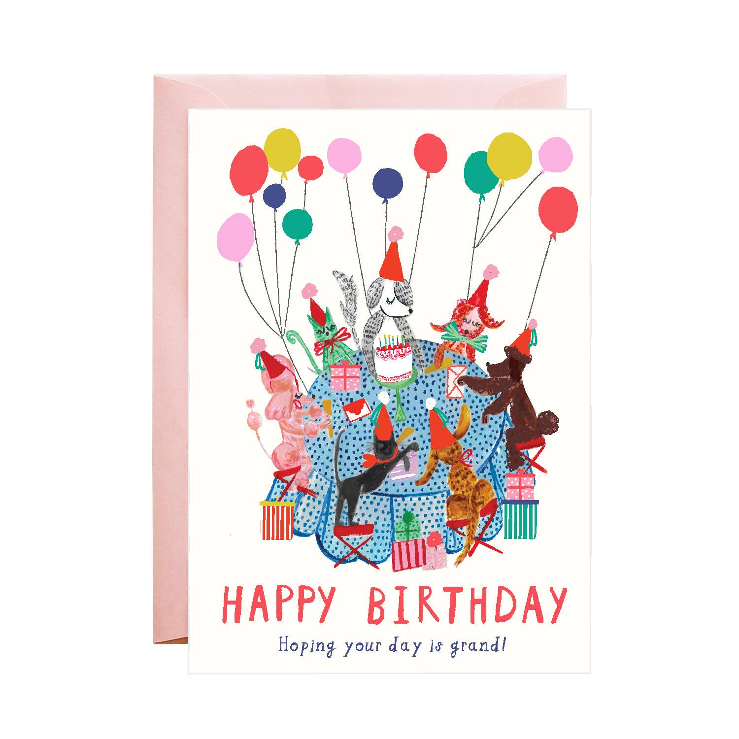 dog party illustration with happy birthday, blank inside