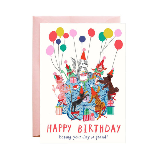 dog party illustration with happy birthday, blank inside