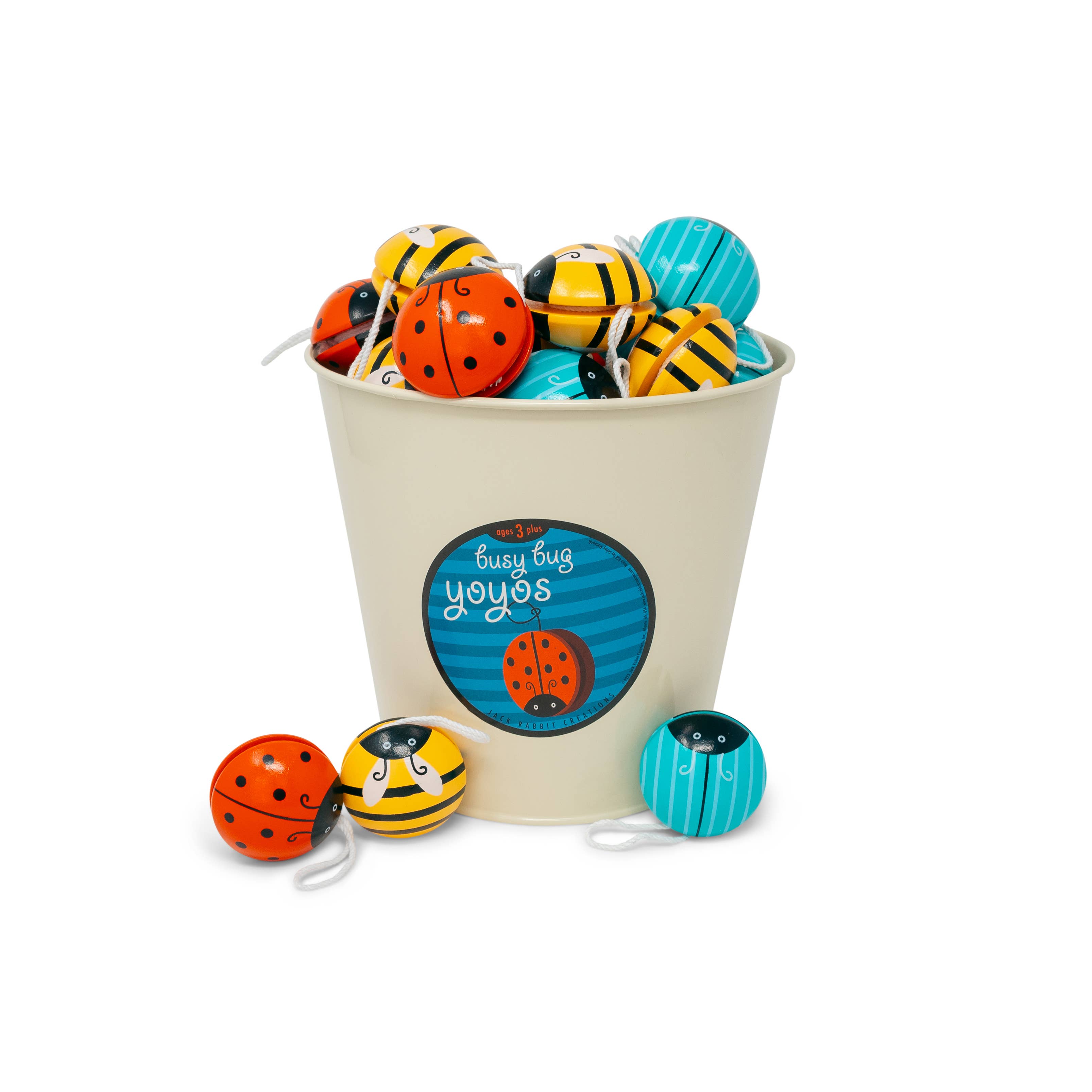 Colorful yo-yos in a bucket with a 'Busy Bug Yo-Yos' label on a white background