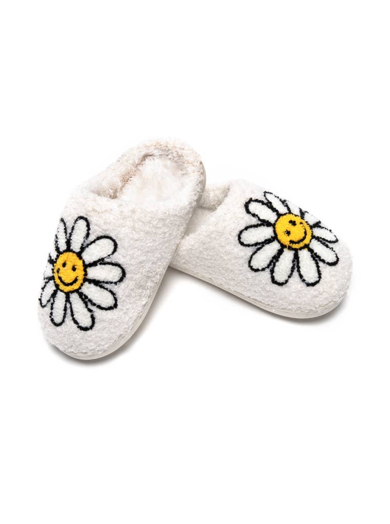 Slippers with white daisy and yellow smiley center