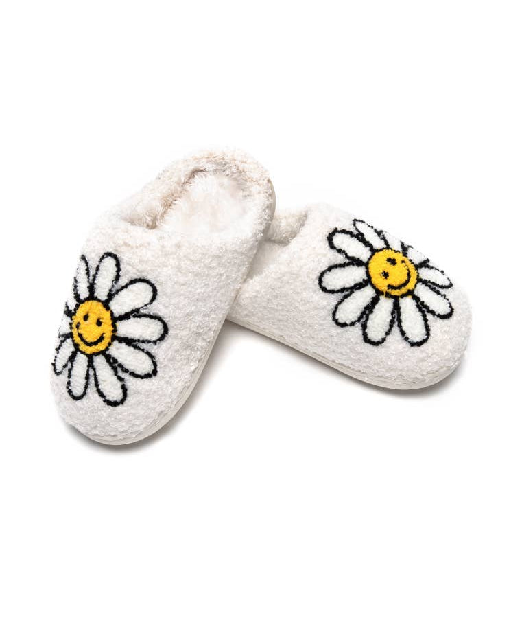 Slippers with white daisy and yellow smiley center
