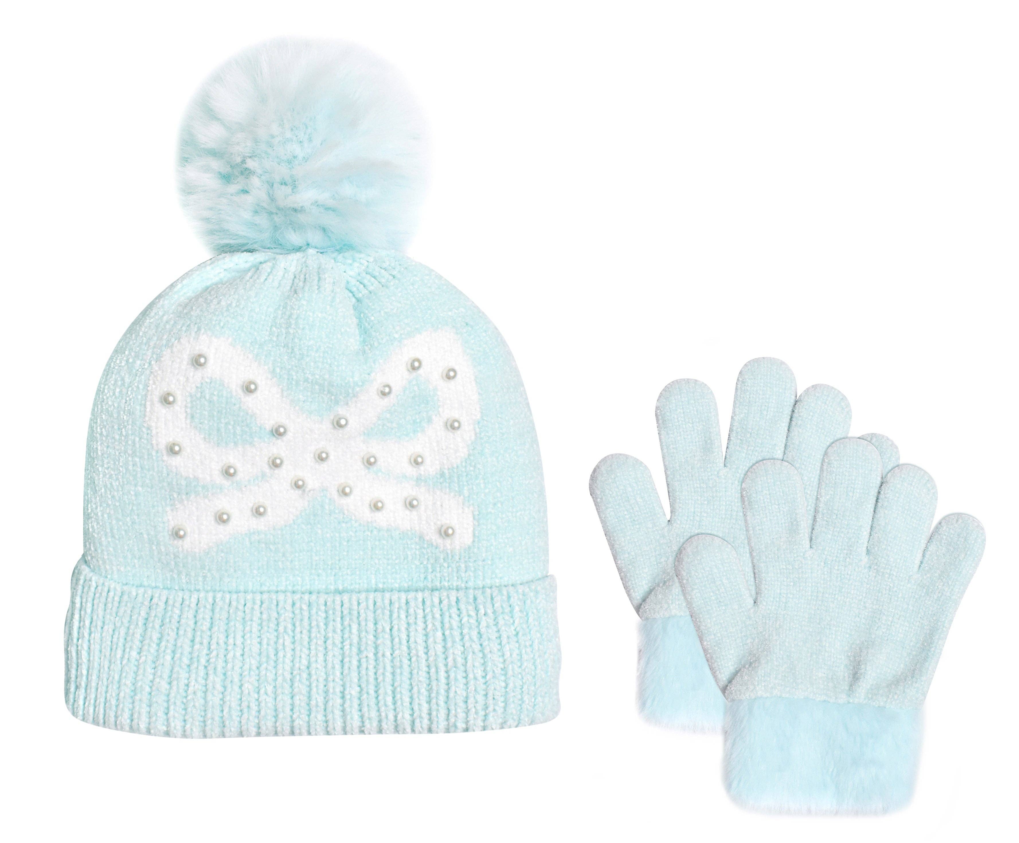 Bow Print Chenille Hat & Glove Set