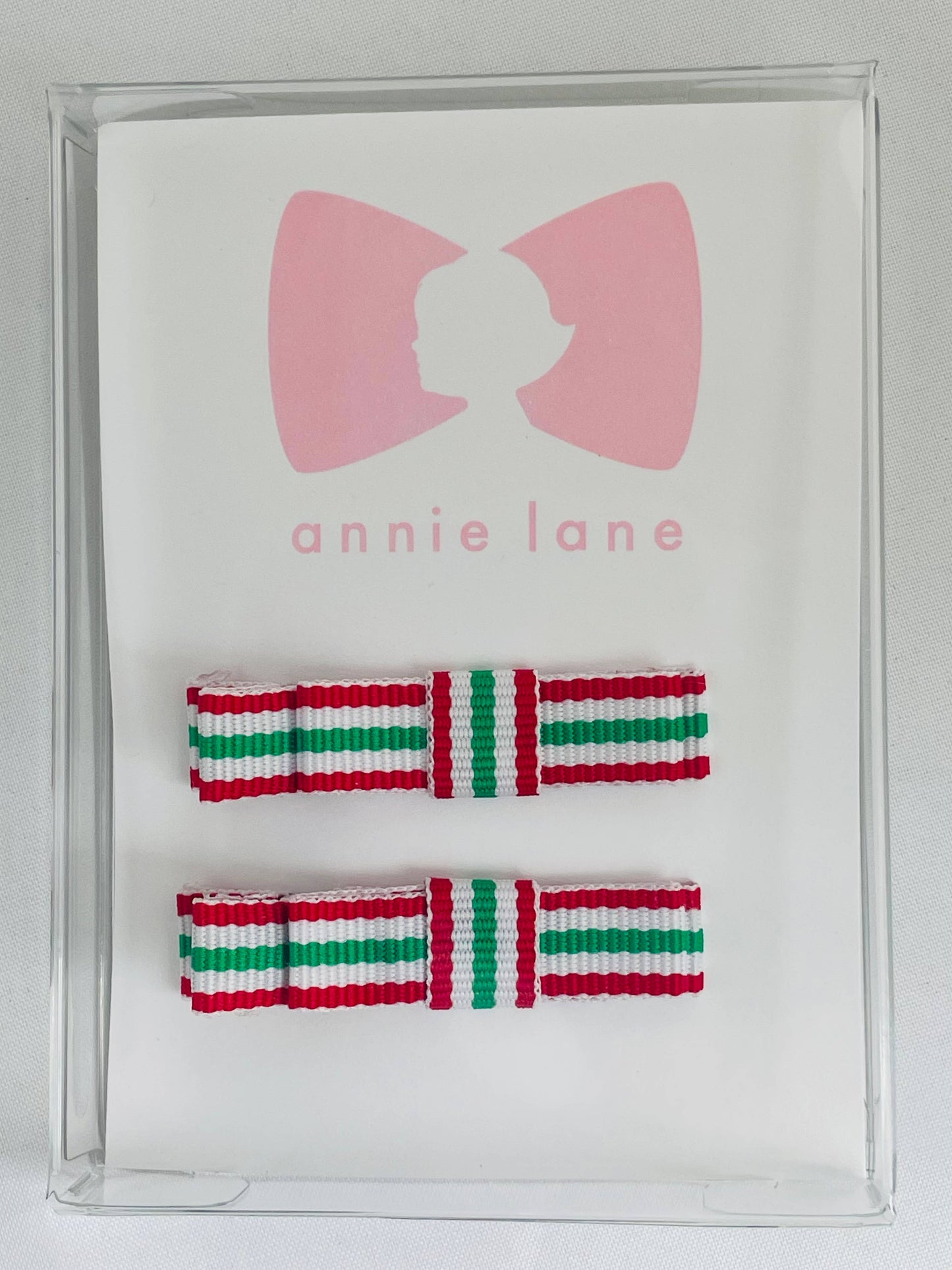 2 Red green and white stripe hair clips