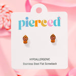 Earring card with 'pierceed' brand and colorful gumball earrings on a pink background