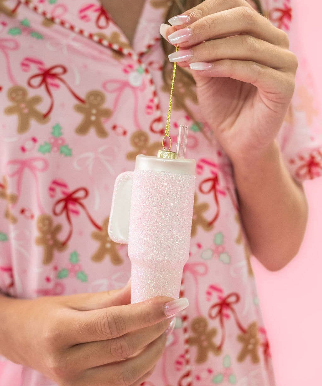 Pink Glittered Trendy Tumbler Christmas Ornament - Pink Cup