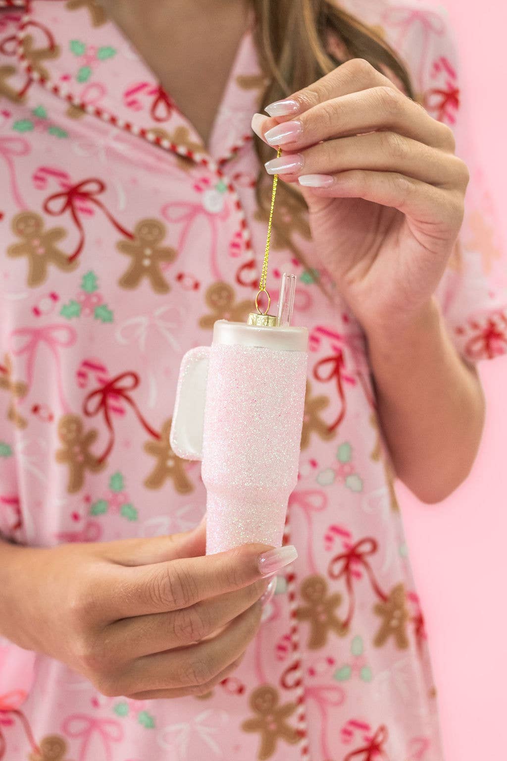 Pink Glittered Trendy Tumbler Christmas Ornament - Pink Cup