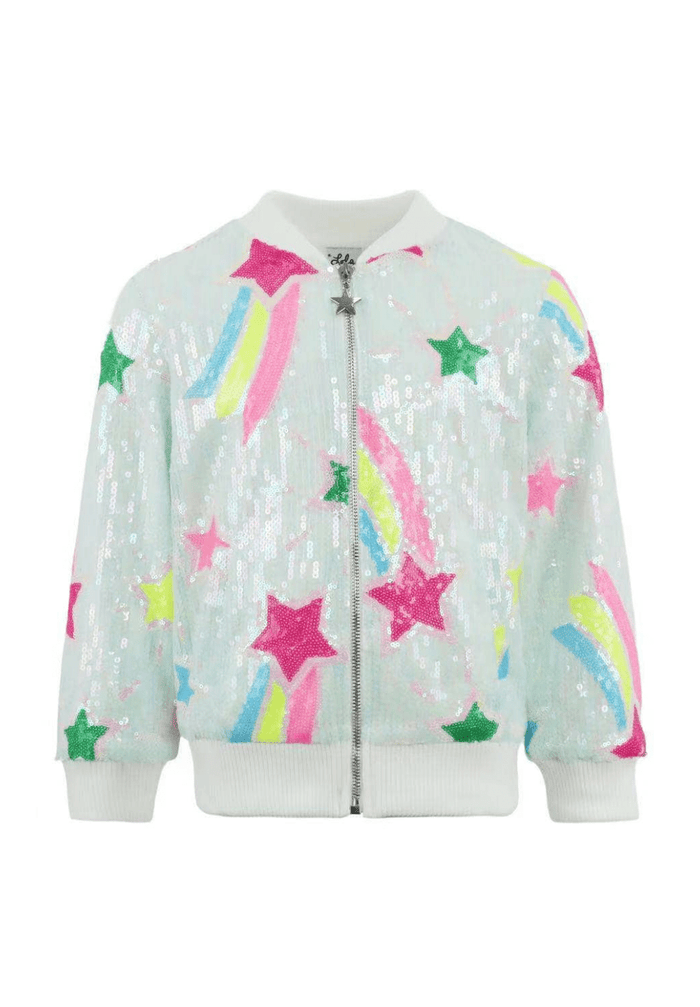 Light blue jacket with colorful star and rainbow patterns on a white background