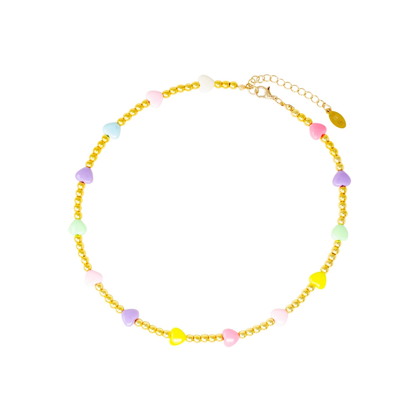 gold beaded necklace with pastel hearts