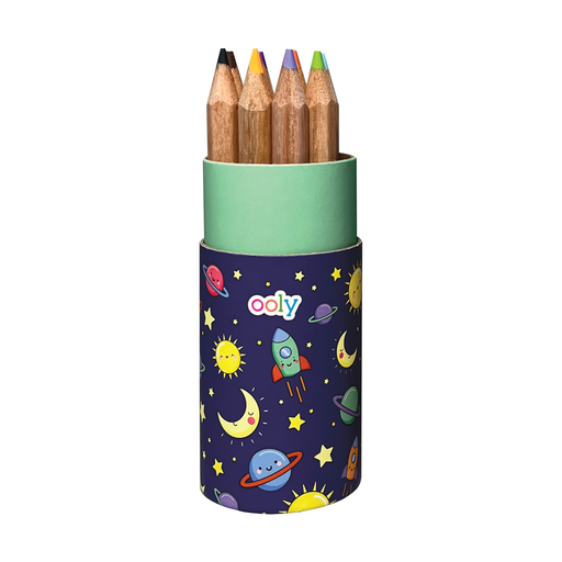 Colored pencils in a outerspace container