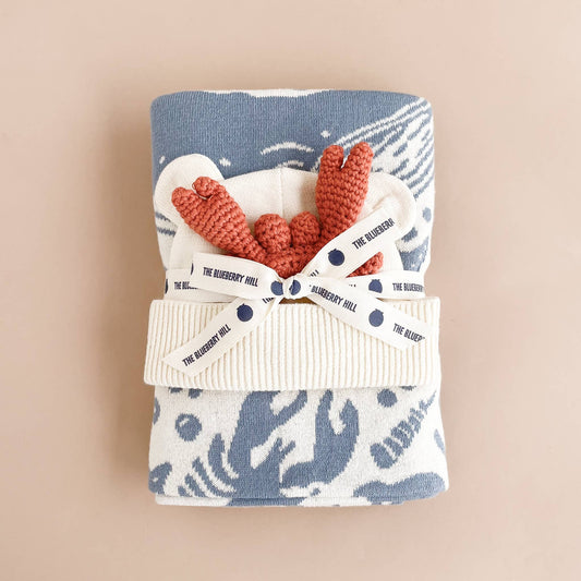 nautical blanket, cotton white hat and crab teether gift set