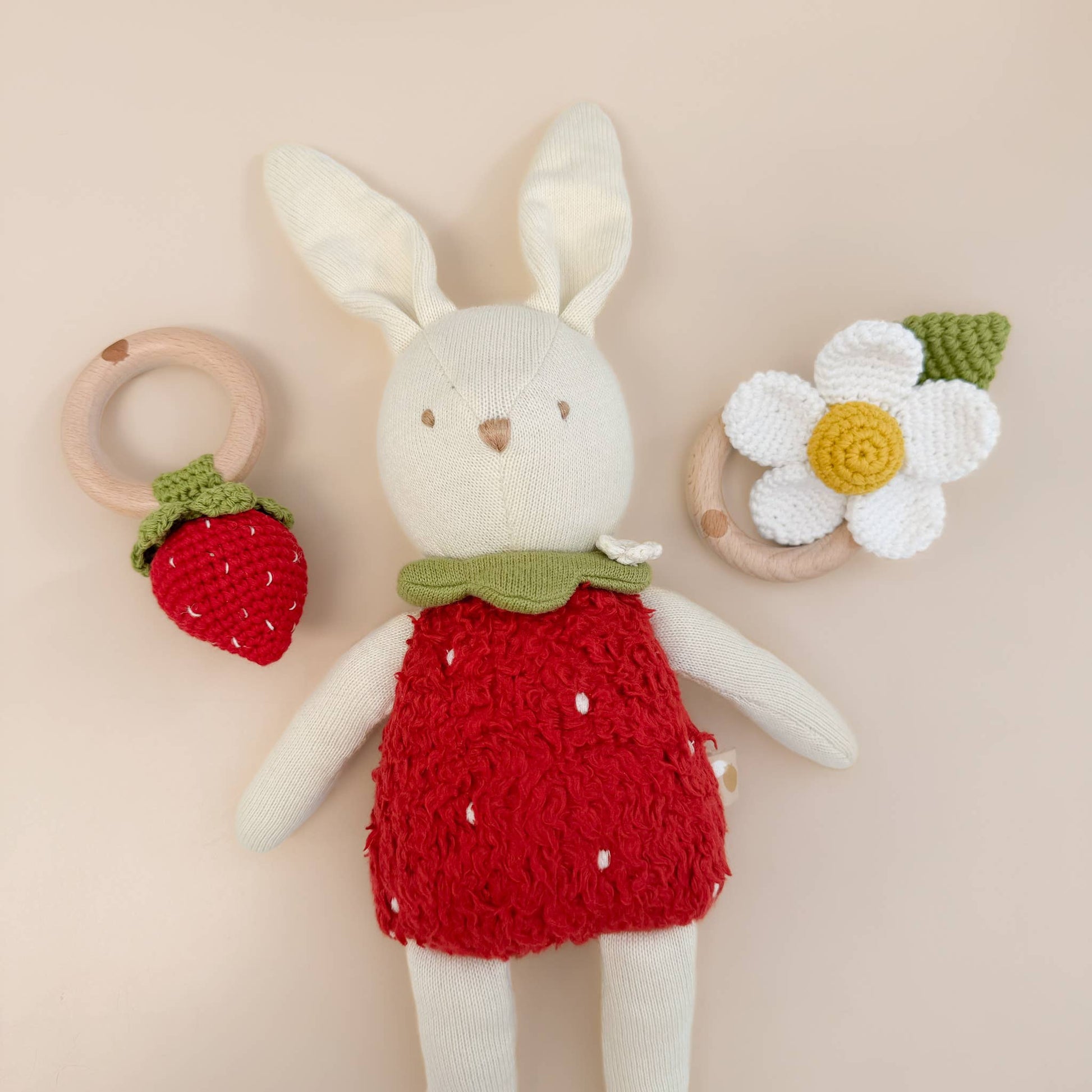 crochet strawberry rattle teether with bunny and flower teether 