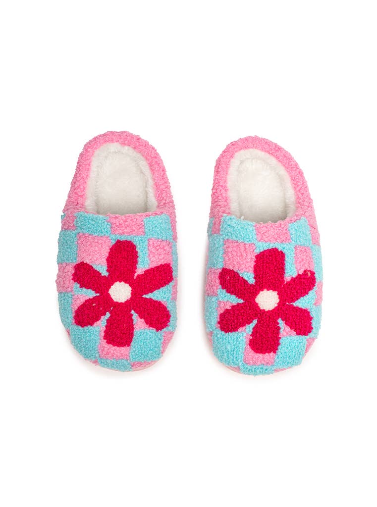 Pink and blue checkered slippers with red daisy