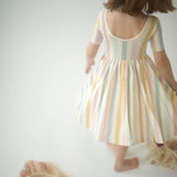 Short Sleeve Twirl Dress in Pastel Stripes