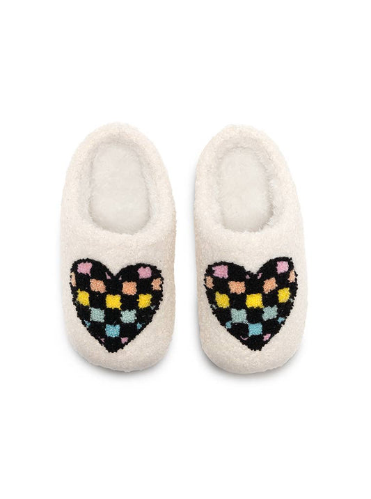 White slippers with black multicolored checker heart