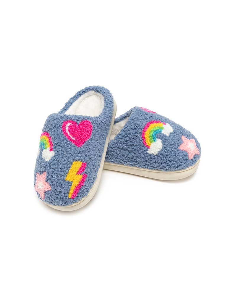 blue slippers with pink heart, lightning bolt, rainbow and star icons 