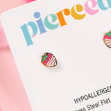 Strawberry-shaped earrings on a 'pierce' card with colorful text.