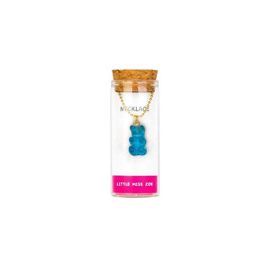 blue gummy bear necklace in jar