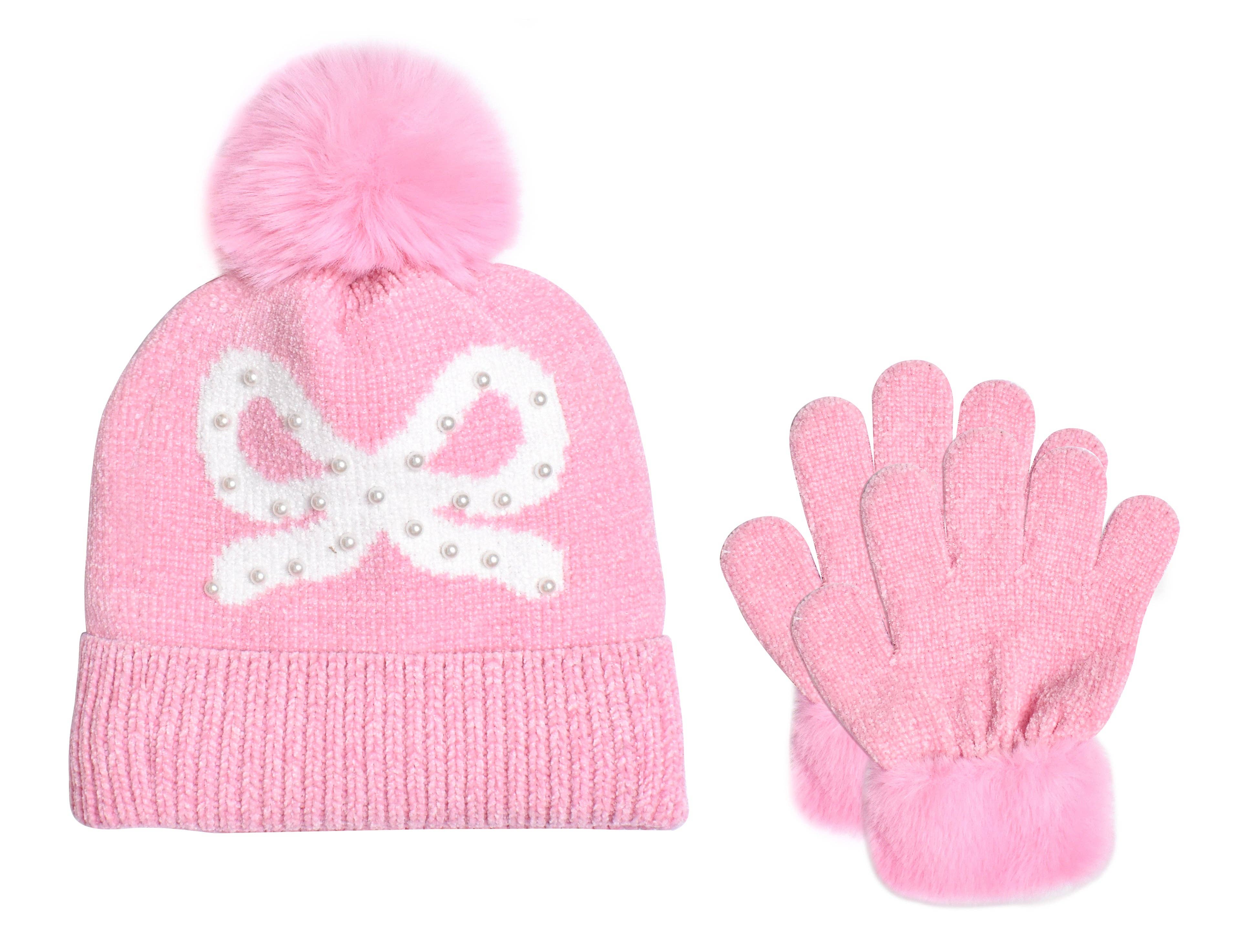 Bow Print Chenille Hat & Glove Set
