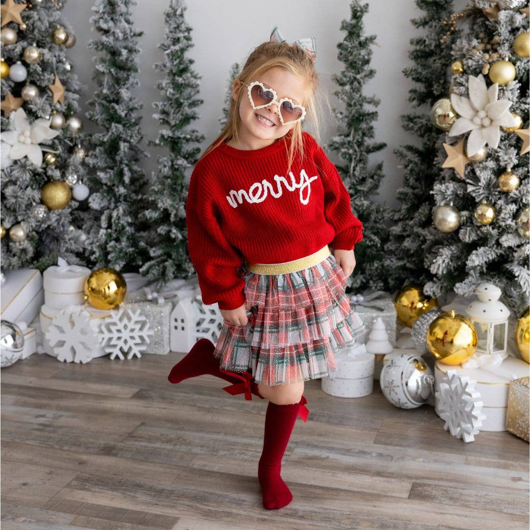 Girl wearing Red Yarn Knit Merry Sweater